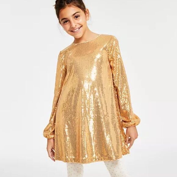 INC International Concepts Gold Sequin Longsleeve Dress Girls Medium Glam - Picture 1 of 12